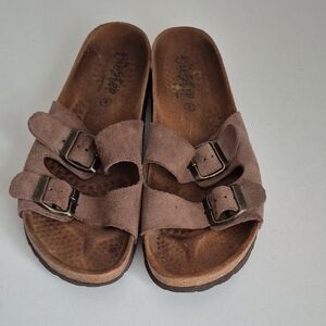 BioStep Spain Suede Taupe Double Strap Cork Sandals,S 8